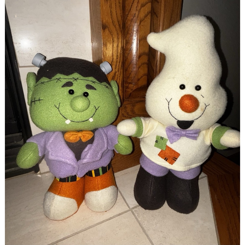 Vintage Halloween Standing Felt Plush Frankenstein & Ghost  Weighted Feet Decor